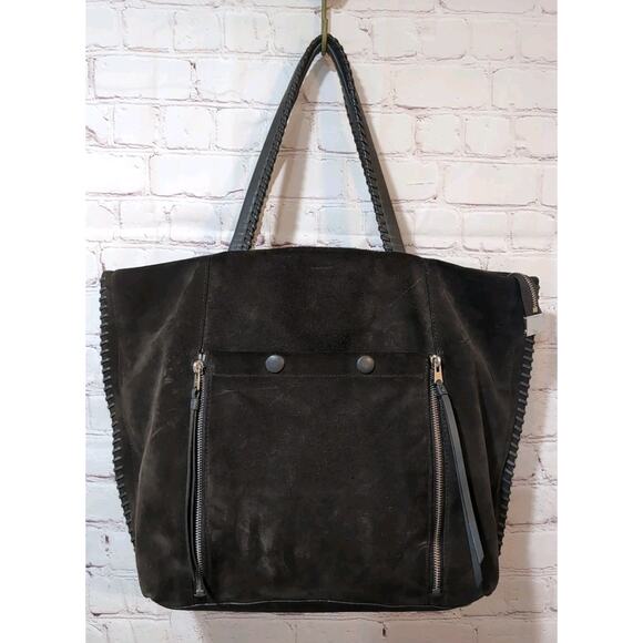 All Saints Fleur de Lis Tote Bag East to West Brown Suede Shoulder Bag - Picture 1 of 16